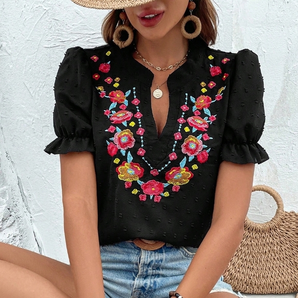 Tops - Floral Embroidery Notched Neckline Puff Sleeve Blouse